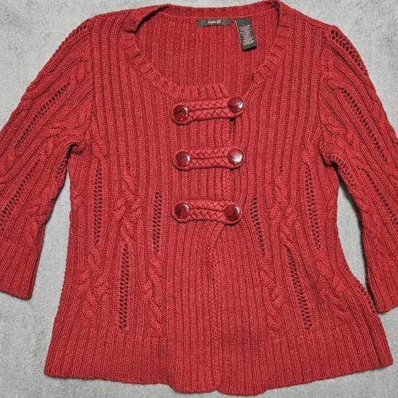 Heather B Red Chunky Cable Knit Shirt Cardigan Women's Size L - Picture 1 of 8